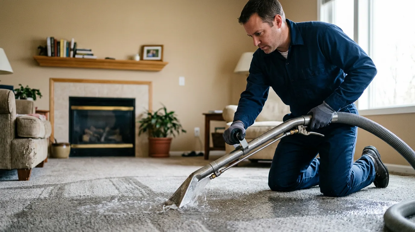 Water damage restoration technician working in a home in Nebraska